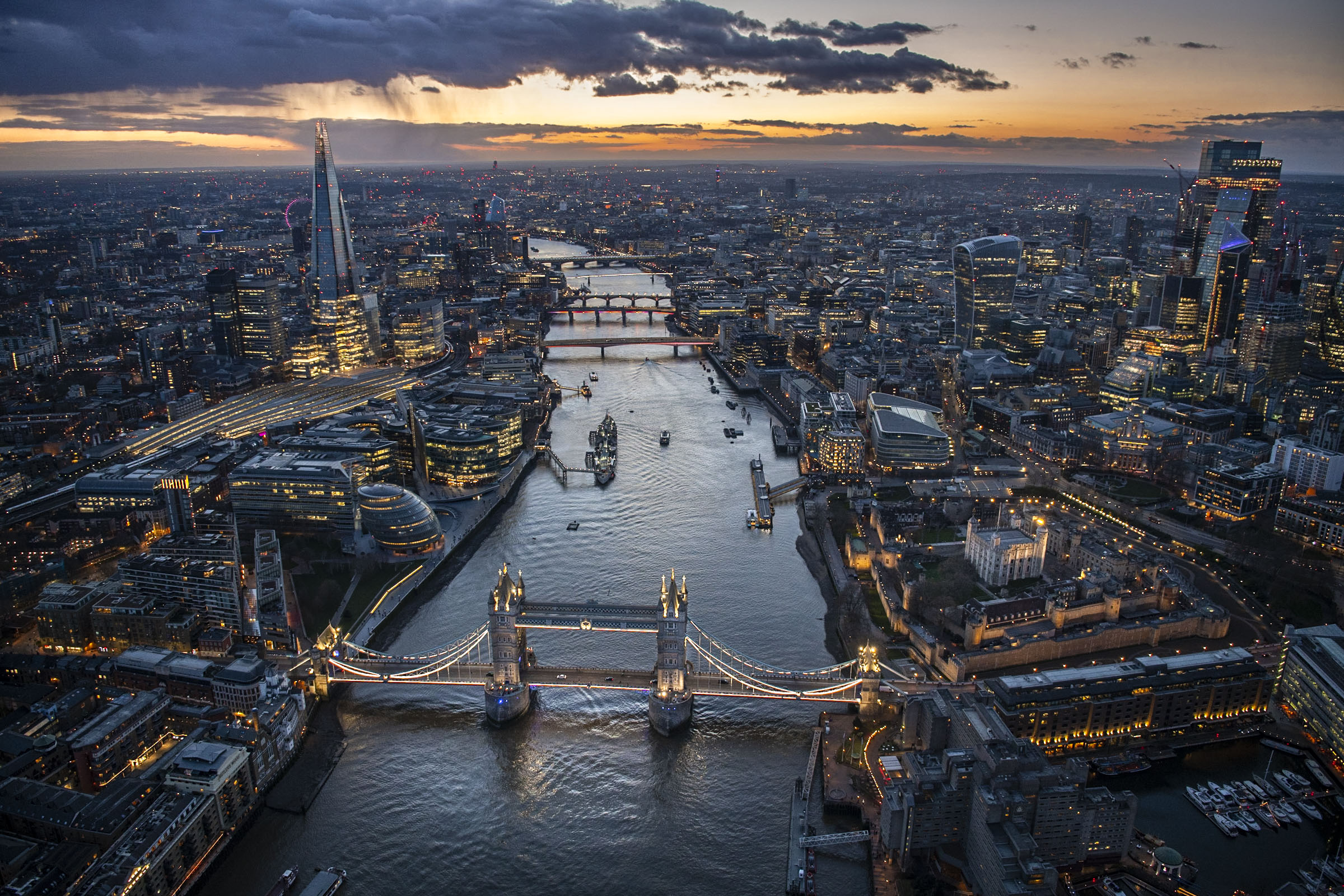 Night aerial view over,  20 Fenchurch Street, City Hall, City of London, GLA Building, HMS Belfast, london, More London, river thames, shard, Southwark, The Shard, The Shard Building, tower bridge, Tower Hill, Tower of London, Tower Place, London.